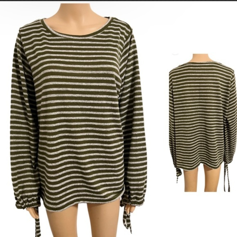 A.N.A Women’s XL Green Striped Balloon Sleeve Soft Sweater